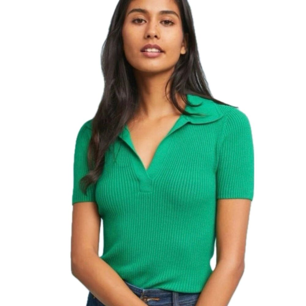 Anthropologie MOTH Green Ribbed Knit Short Sleeve Collar Sweater Top Petite XS